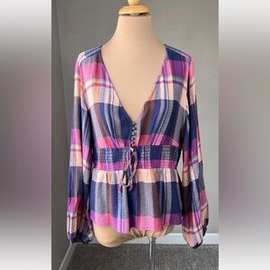 Anthropologie Pilcro Colorful Plaid Deep V Neckline Blouse Women's M